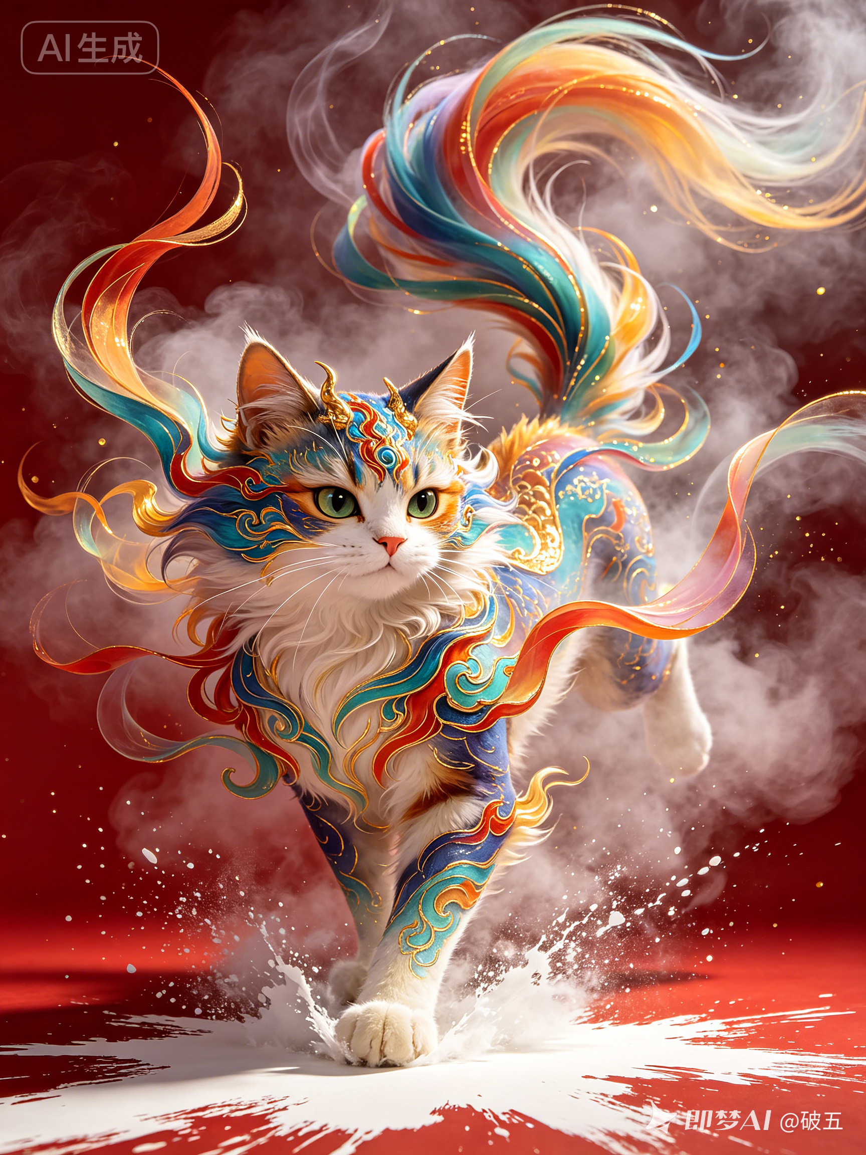 cg插画,珐琅彩猫神兽,无尾。浓密绵长的彩绘线条环绕神兽,向后飘舞、流动,拉出残