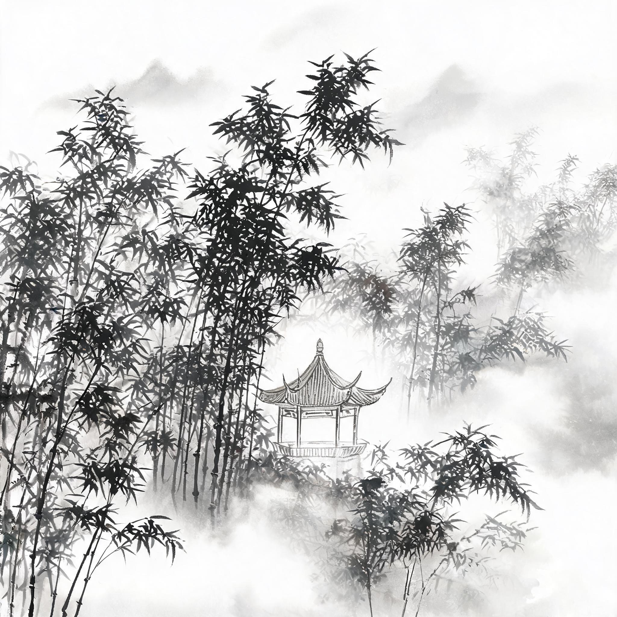 中国山水画风格，竹林深处有一座小亭子，云雾缭绕，水墨画风格